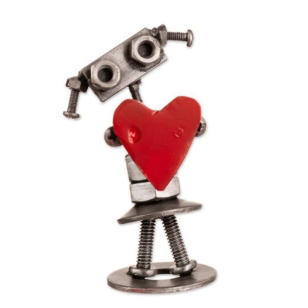Alternate image for Recycled Metal Figurine of Female Robot Holding a Red Heart Robotic Passion