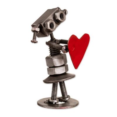 Alternate image for Recycled Metal Figurine of Female Robot Holding a Red Heart Robotic Passion