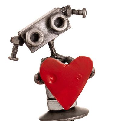 Alternate image for Recycled Metal Figurine of Female Robot Holding a Red Heart Robotic Passion