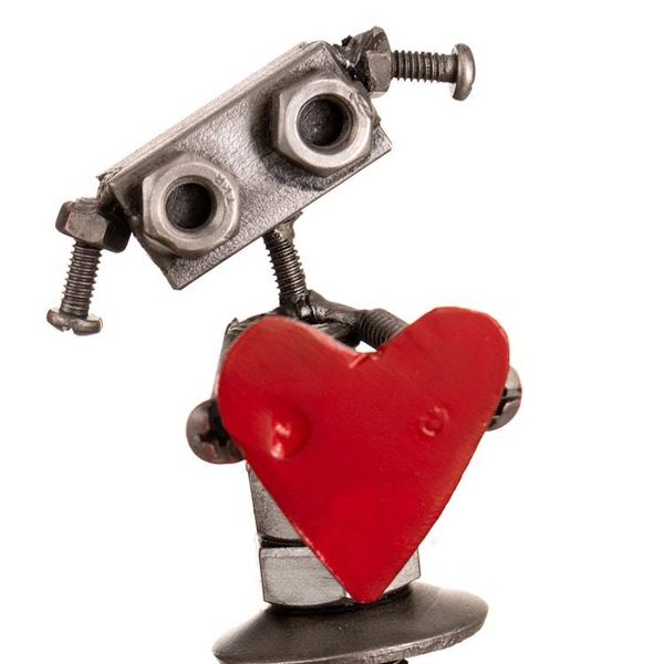 Alternate image for Recycled Metal Figurine of Female Robot Holding a Red Heart Robotic Passion