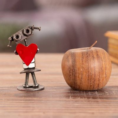 Alternate image for Recycled Metal Figurine of Female Robot Holding a Red Heart Robotic Passion