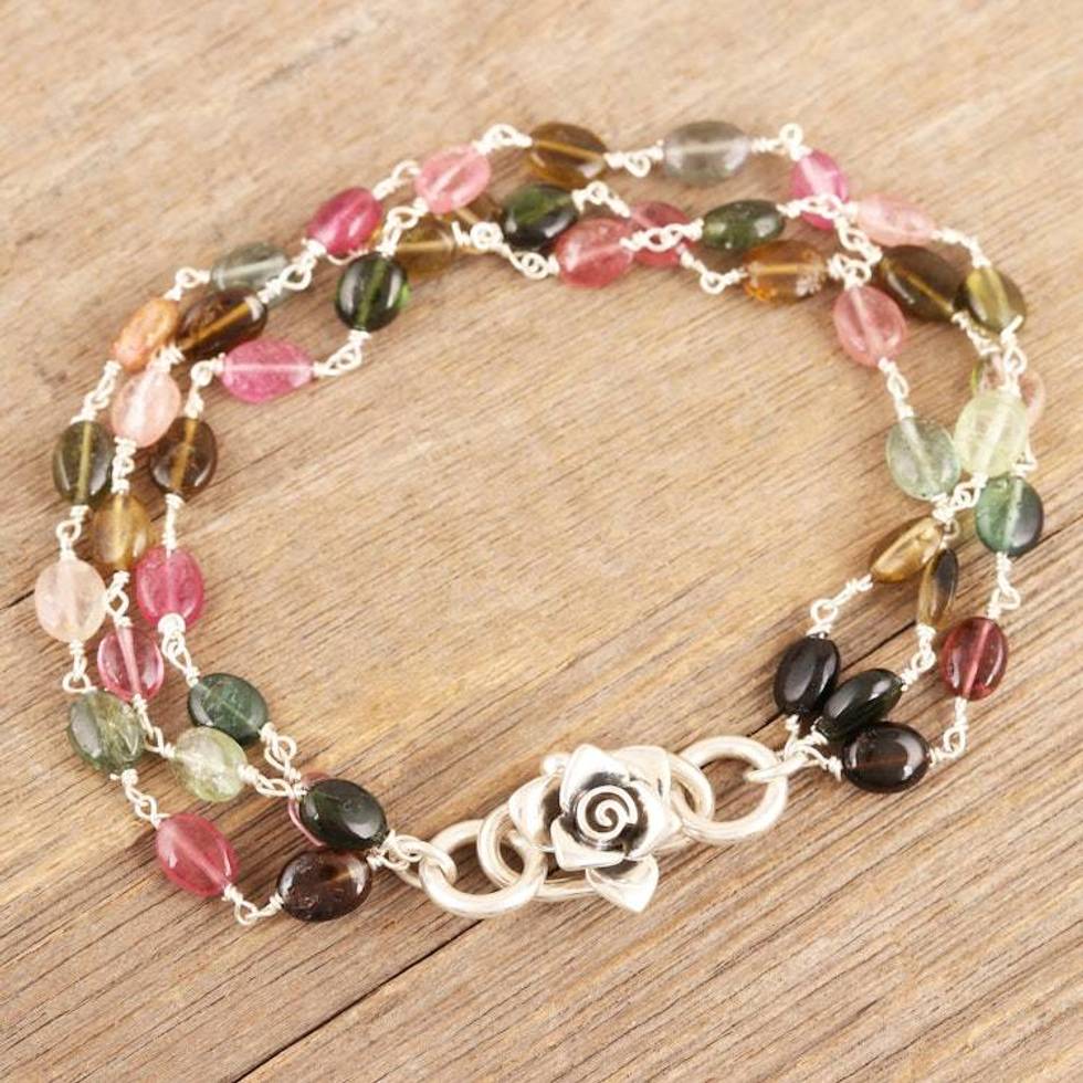 Tourmaline Pendant Bracelet with Sterling Silver Rose 'Love Rose'
