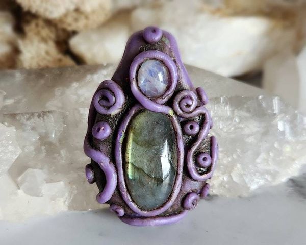 Alternate image for Labradorite and Rainbow Moonstone Polymer Clay Pendant