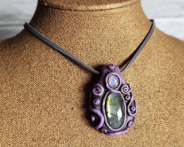 Alternate image for Labradorite and Rainbow Moonstone Polymer Clay Pendant