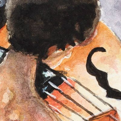 Alternate image for Stretched Expressionist Painting of Nude Woman and Violin Woman with Violin