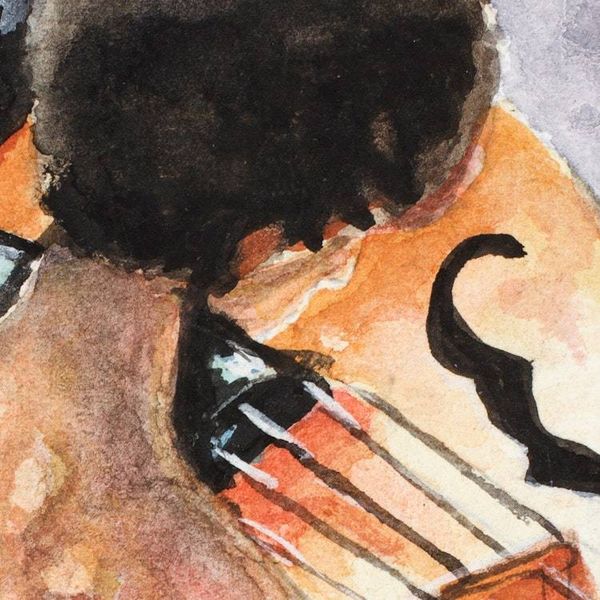 Alternate image for Stretched Expressionist Painting of Nude Woman and Violin Woman with Violin