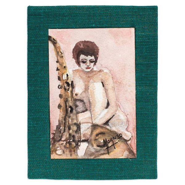 Alternate image for Signed Expressionist Painting of Seated Woman and Saxophone Seated Woman with Saxophone