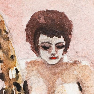 Alternate image for Signed Expressionist Painting of Seated Woman and Saxophone Seated Woman with Saxophone