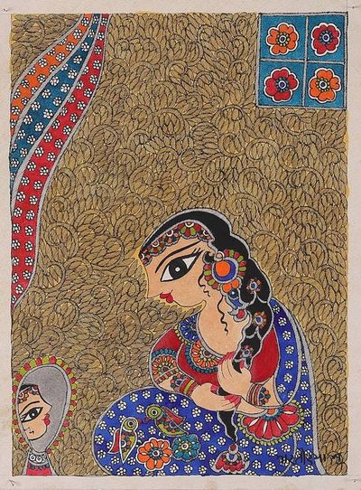 Primary image for Madhubani Painting of Indian Princess Looking in the Mirror Adorable Princess