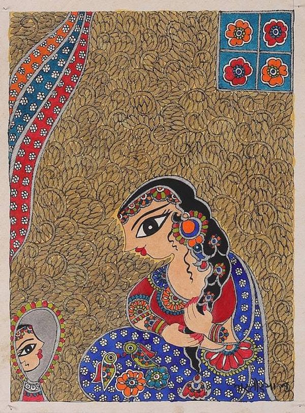 Alternate image for Madhubani Painting of Indian Princess Looking in the Mirror Adorable Princess