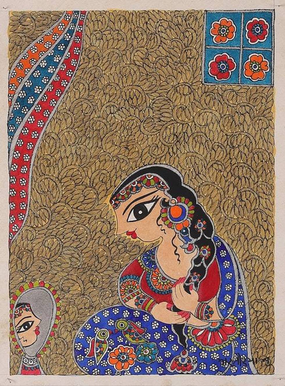 Madhubani Painting of Indian Princess Looking in the Mirror 'Adorable Princess'