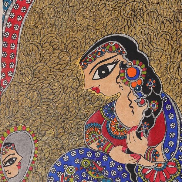 Alternate image for Madhubani Painting of Indian Princess Looking in the Mirror Adorable Princess