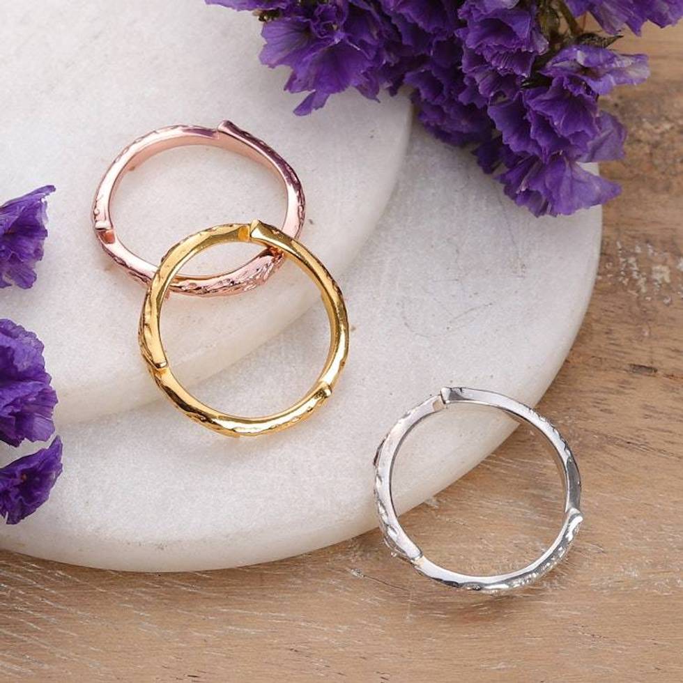 Polished Multi-Metal Leafy Stacking Band Rings Set of 3 'Leafy Triumph'