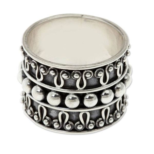Alternate image for Balinese Handcrafted Wide Silver Band Ring Moon Journey