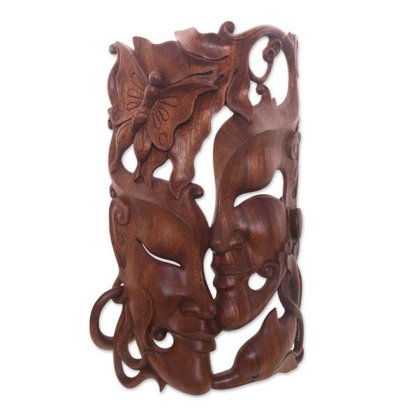 Alternate image for Hand Crafted Balinese Suar Wood Wall Mask Natures Romance