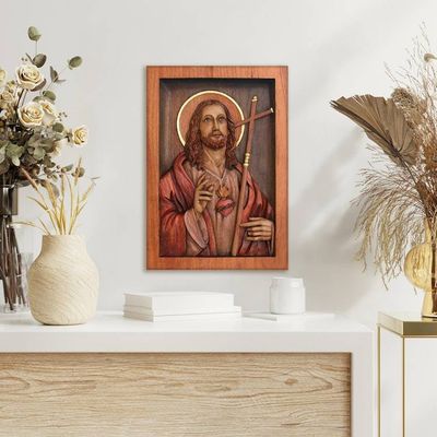 Alternate image for Hand Made Christianity Wood Relief Panel Jesus Sacred Heart