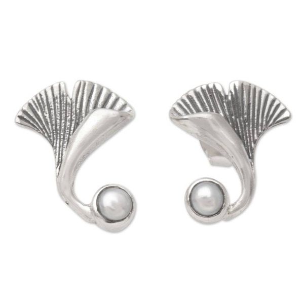 Alternate image for Sterling Silver Mushroom Button Earrings with Grey Pearls Pearly Mushroom