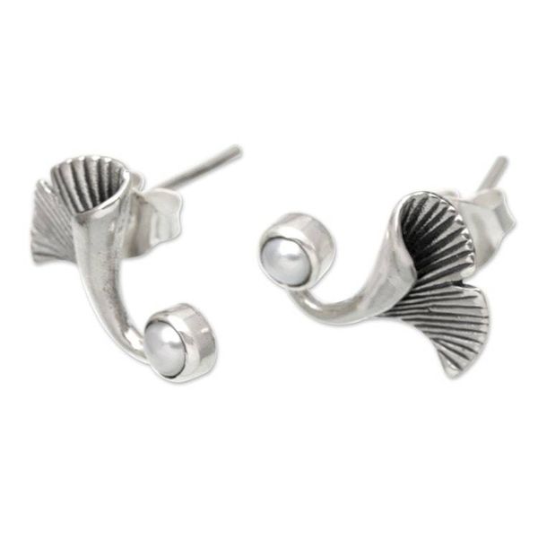 Alternate image for Sterling Silver Mushroom Button Earrings with Grey Pearls Pearly Mushroom