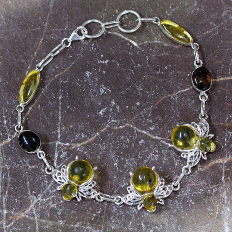 925 Silver Amber Bee Station Bracelet with Openwork Accents 'Bubbly Bee'