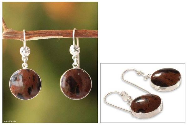 Alternate image for Sterling Silver and Obsidian Dangle Earrings Inca Moons