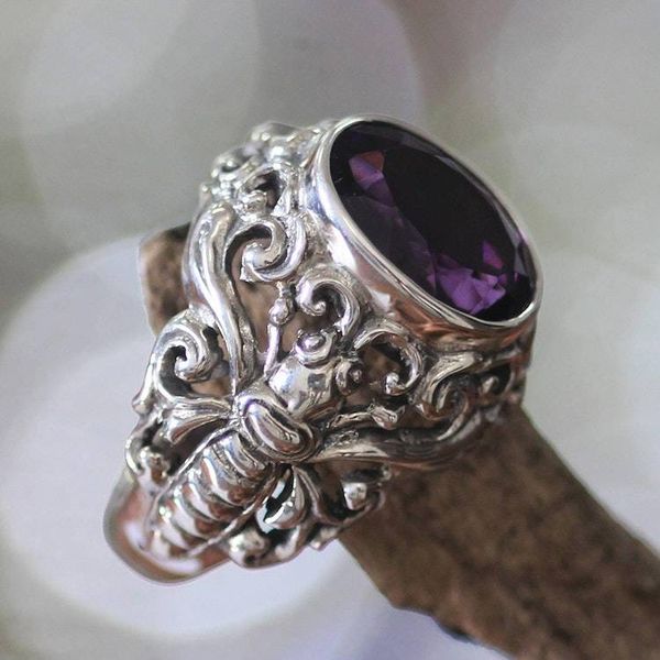 Alternate image for Mens Handcrafted Sterling Silver and Amethyst Ring Balinese Butterfly