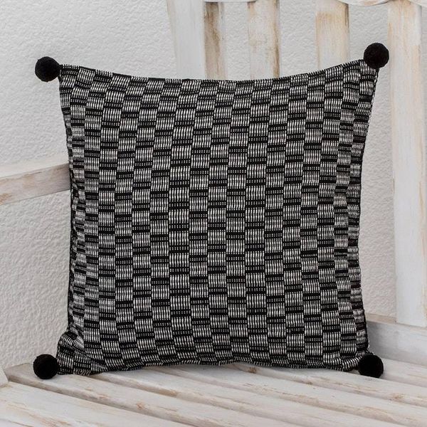 Alternate image for Black and Eggshell Cotton Cushion Cover from Guatemala Mesmerized