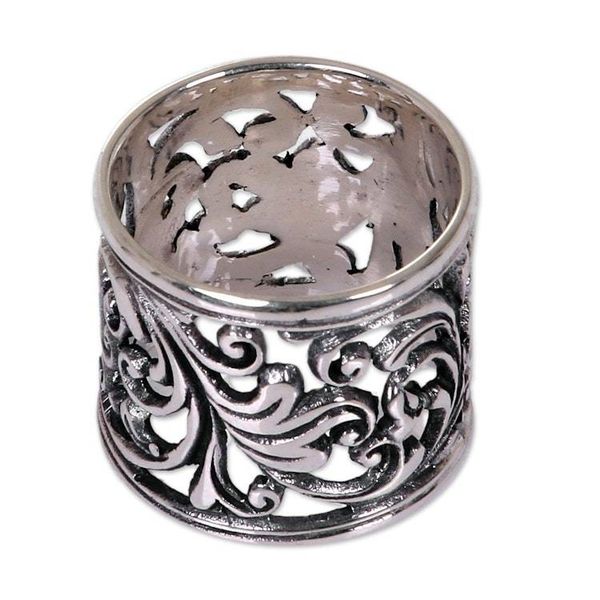 Alternate image for Balinese Womens Sterling Silver Handcrafted Wide Band Ring Tropical Rain Forest