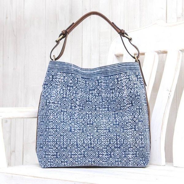 Alternate image for Batik Printed Cotton Shoulder Bag with Leather Trim Hmong Maze