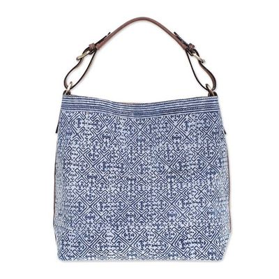 Alternate image for Batik Printed Cotton Shoulder Bag with Leather Trim Hmong Maze