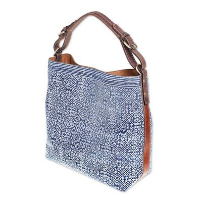 Alternate image for Batik Printed Cotton Shoulder Bag with Leather Trim Hmong Maze
