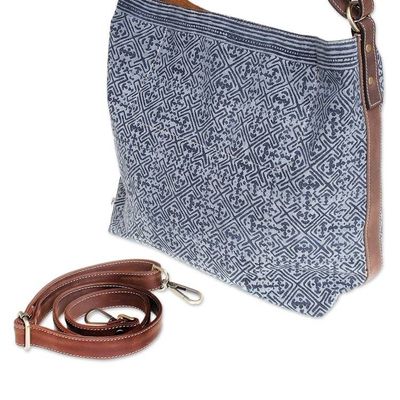 Alternate image for Batik Printed Cotton Shoulder Bag with Leather Trim Hmong Maze