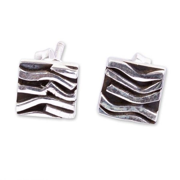 Alternate image for Patterned Taxco Silver Square Stud Earrings from Mexico Curvilinear