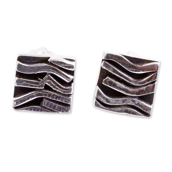 Alternate image for Patterned Taxco Silver Square Stud Earrings from Mexico Curvilinear