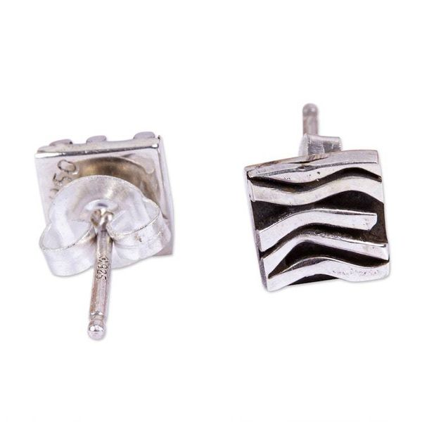 Alternate image for Patterned Taxco Silver Square Stud Earrings from Mexico Curvilinear