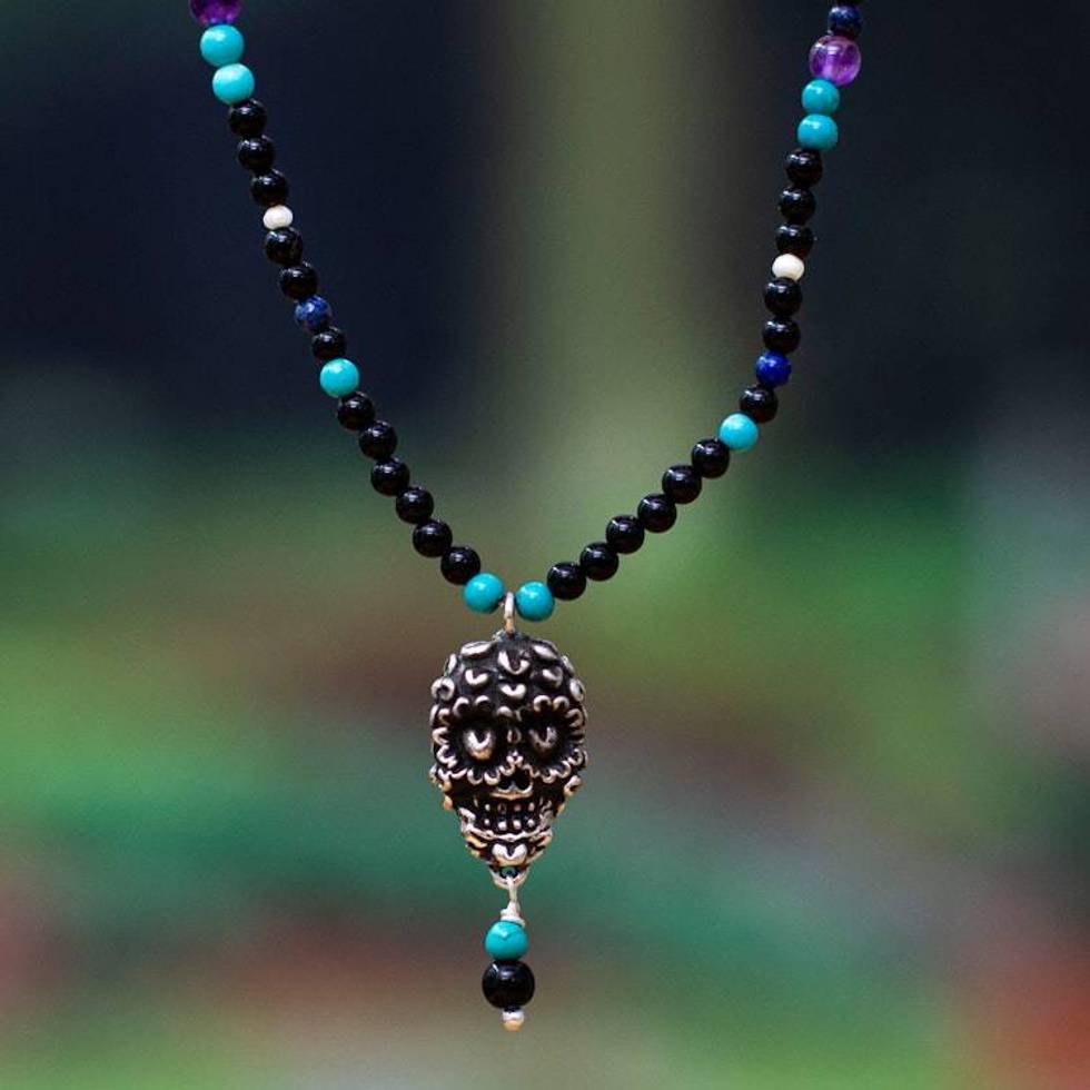 Taxco Sterling Silver Mexican Skull Necklace with Gemstones 'Skull with Treasure'