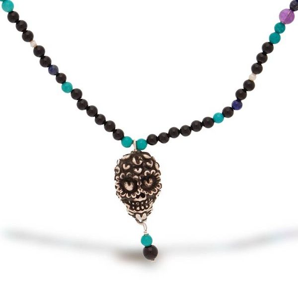 Alternate image for Taxco Sterling Silver Mexican Skull Necklace with Gemstones Skull with Treasure