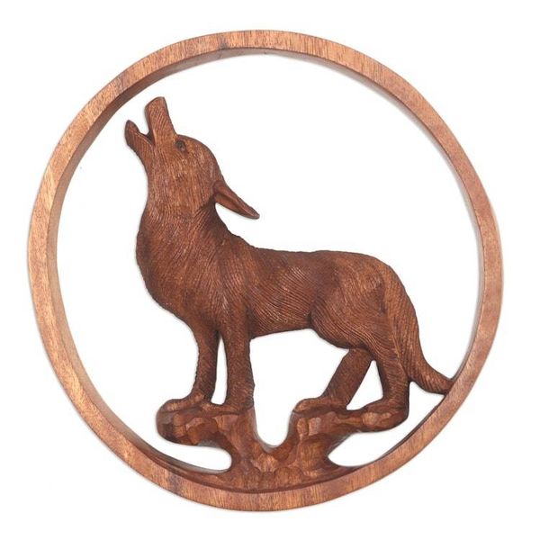 Alternate image for Hand Carved Suar Wood Wolf Relief Panel Baying Wolf