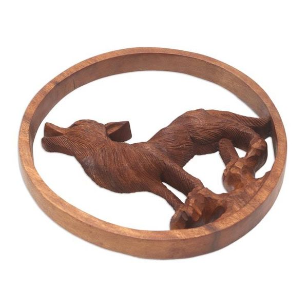 Alternate image for Hand Carved Suar Wood Wolf Relief Panel Baying Wolf