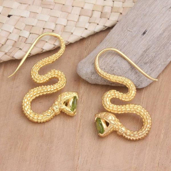Alternate image for 18k Gold-Plated Snake Drop Earrings with Peridot Stones Green Striking Snake