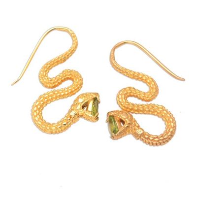 Alternate image for 18k Gold-Plated Snake Drop Earrings with Peridot Stones Green Striking Snake