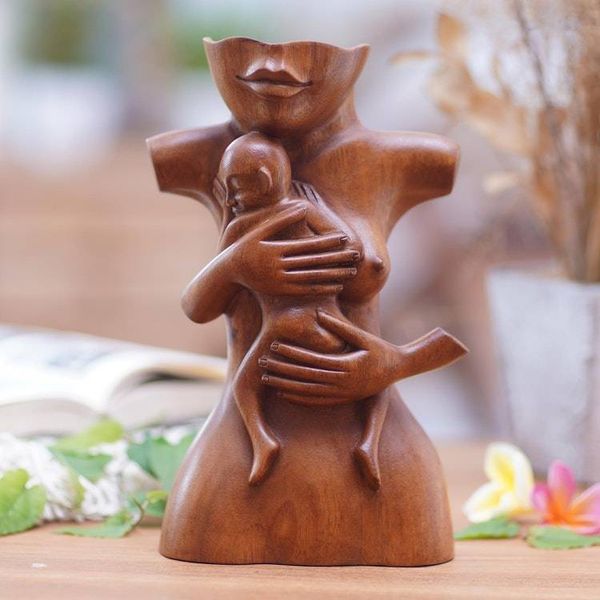 Alternate image for Suar Wood Brown Sculpture with Hand-Carved Tender Scene Maternal Affection