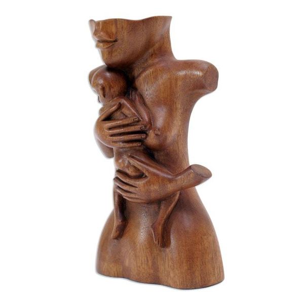 Alternate image for Suar Wood Brown Sculpture with Hand-Carved Tender Scene Maternal Affection