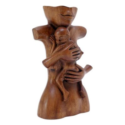 Alternate image for Suar Wood Brown Sculpture with Hand-Carved Tender Scene Maternal Affection