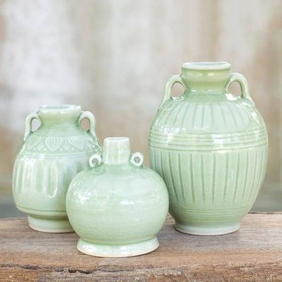 Primary image for Celadon Ceramic Vases Set of 3 Sawankhalok Meadows