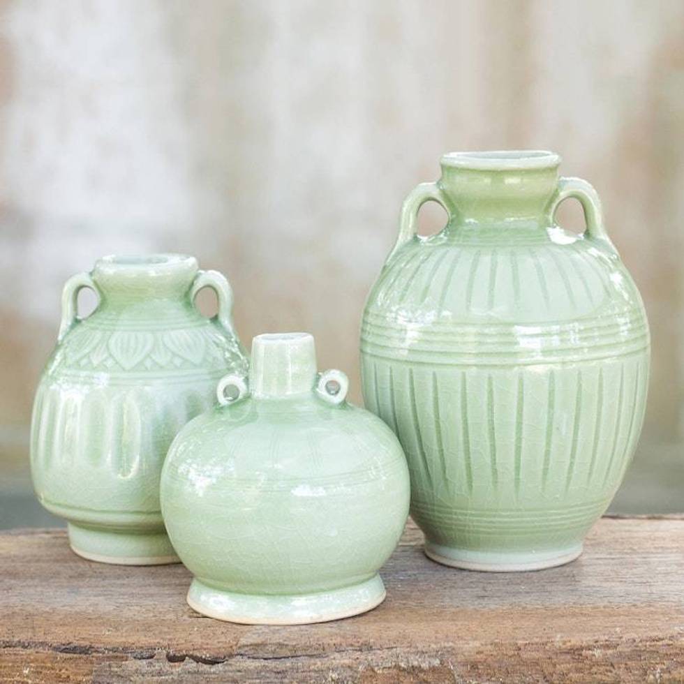 Celadon Ceramic Vases Set of 3 'Sawankhalok Meadows'