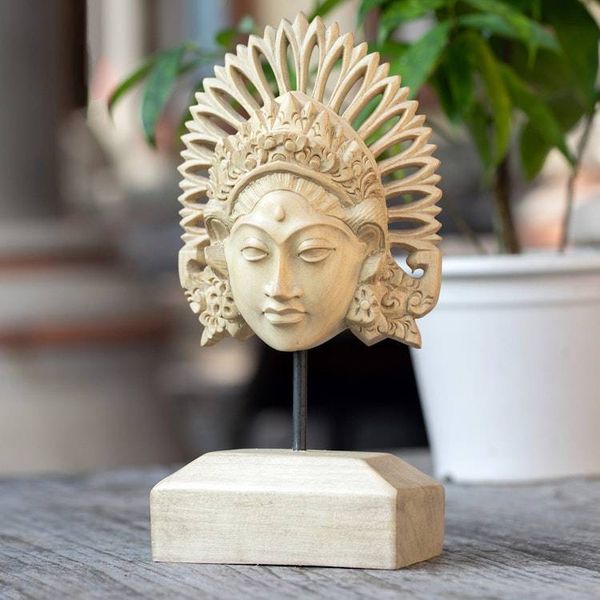 Alternate image for Hand-Carved Wood Mask of Balinese Janger Dancer with Stand Female Janger Dancer