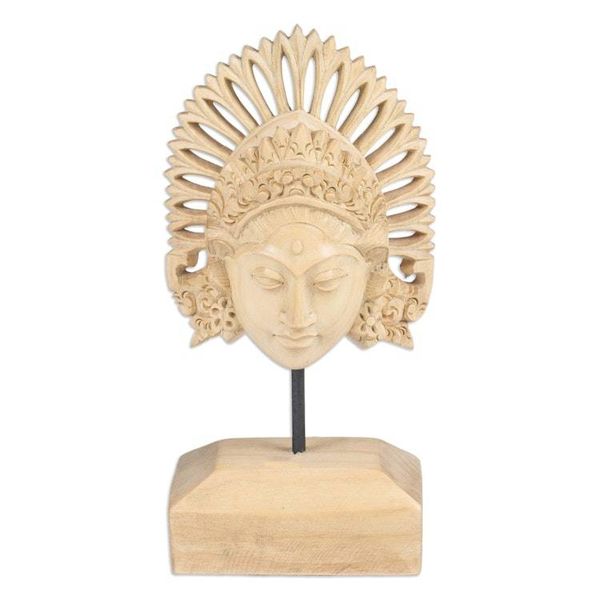Alternate image for Hand-Carved Wood Mask of Balinese Janger Dancer with Stand Female Janger Dancer