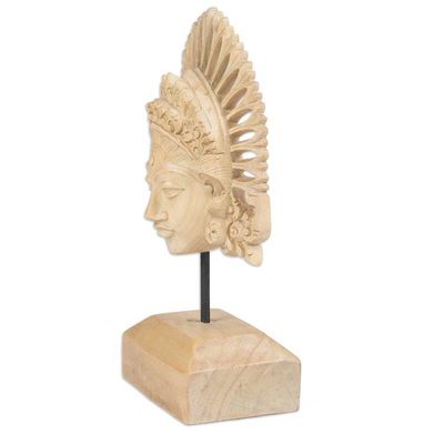 Alternate image for Hand-Carved Wood Mask of Balinese Janger Dancer with Stand Female Janger Dancer