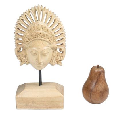 Alternate image for Hand-Carved Wood Mask of Balinese Janger Dancer with Stand Female Janger Dancer