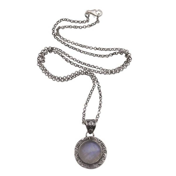 Alternate image for Rainbow Moonstone and Sterling Silver Necklace from Bali Temple Mirror